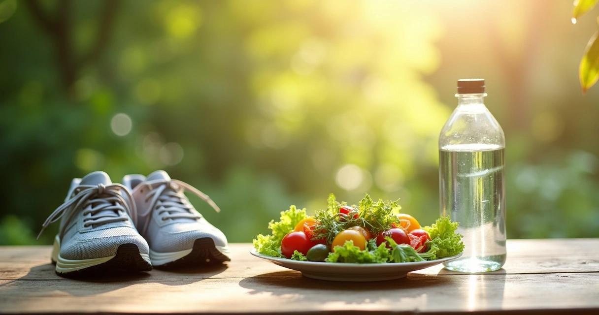 Zapatillas, un plato de verduras frescas y una botella de agua sobre una mesa al aire libre